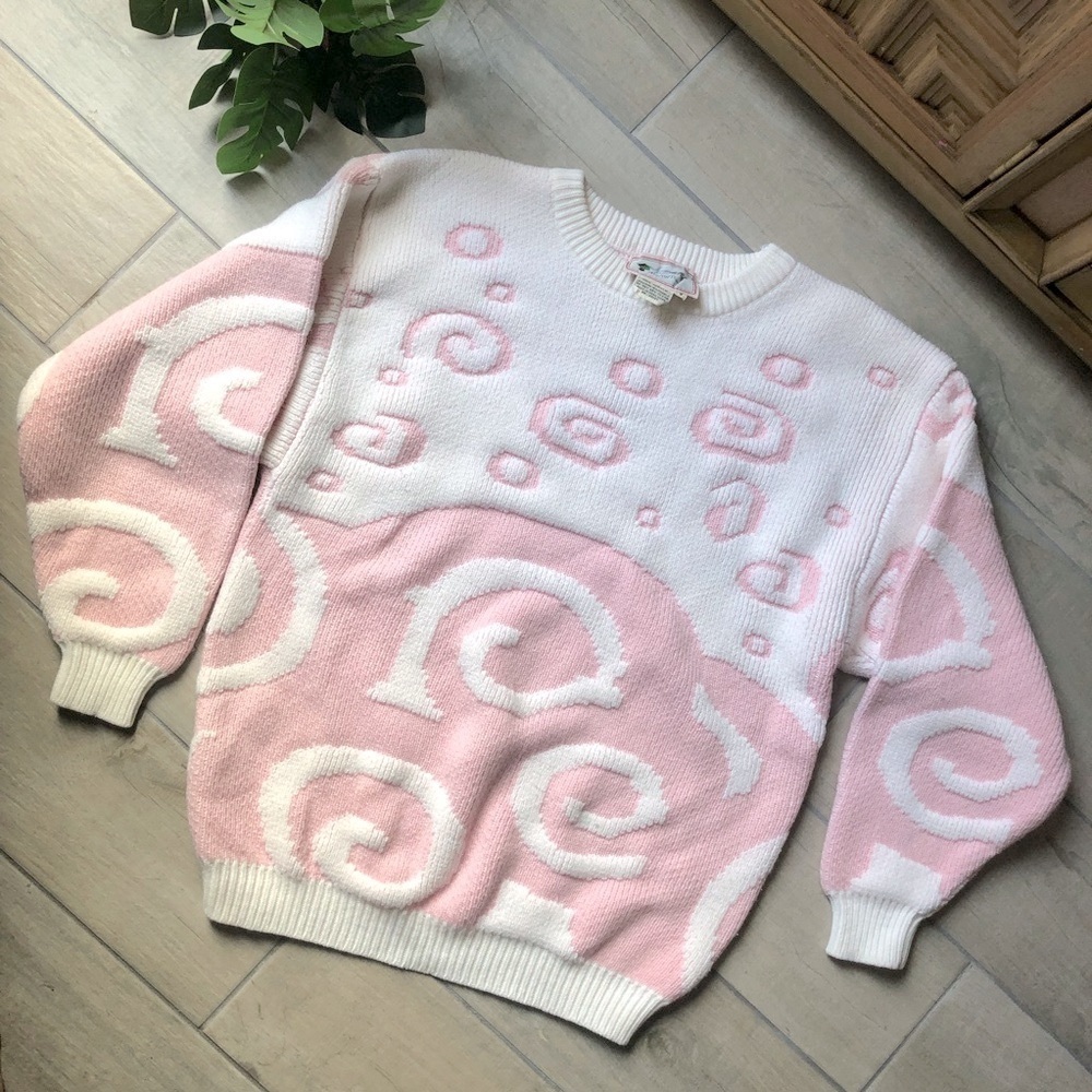 Vintage! 80s Organically grown spiral squiggle swirl white pink kawaii sweater S
